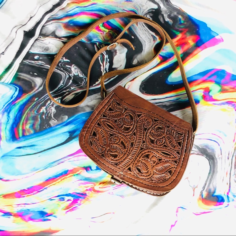 Vintage 70s Boho Leather Hand Tooled Satchel Purse